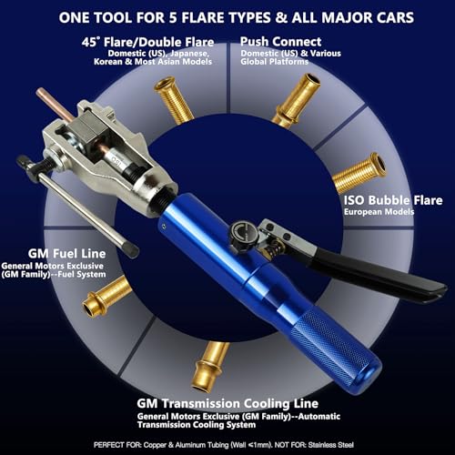 Professional Hydraulic Flaring Tool Kit, with Stabilizing Arm for 45° Double & Single, ISO Bubble, GM Fuel & Transmission Line Flares - 3/16" to 1/2" & 4-10mm, Includes Cutter & Deburrer - size: MU-HFTK-410