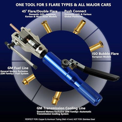 Professional Hydraulic Flaring Tool Kit, with Stabilizing Arm for 45° Double & Single, ISO Bubble, GM Fuel & Transmission Line Flares - 3/16" to 1/2" & 4-10mm, Includes Cutter & Deburrer - size: MU-HFTK-410