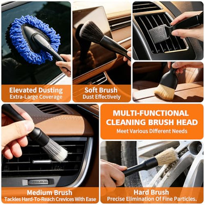 Windshield Cleaner Tool, 12Pcs Car Cleaning Kit, 23-inch Extendable Handle with 4 Microfiber Pads, Car Interior Detailing Brushes, All-in-One Inside Car Cleaning for Auto Detailing - color: Blue-02