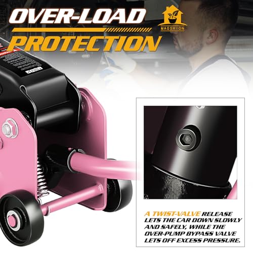 Magshion 1.5 Ton Low Profile Hydraulic Floor Jack, Heavy-Duty Steel Trolley Service Jack with Safety Valve, Swivel Casters, and Wide Saddle for Garage and Vehicle Maintenance, Pink - color: Pink