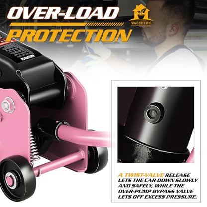 Magshion 1.5 Ton Low Profile Hydraulic Floor Jack, Heavy-Duty Steel Trolley Service Jack with Safety Valve, Swivel Casters, and Wide Saddle for Garage and Vehicle Maintenance, Pink - color: Pink
