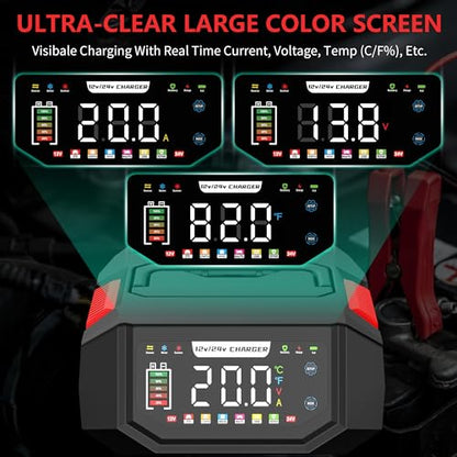 20A Battery Charger, 12V/24V Fully Automatic Trickle Charger, Red | Adjustable 1-20A Car Battery Charger, Battery Maintainer, Pulse Repair, for LiFePO4, Lead Acid, Deep Cycle Batterie
