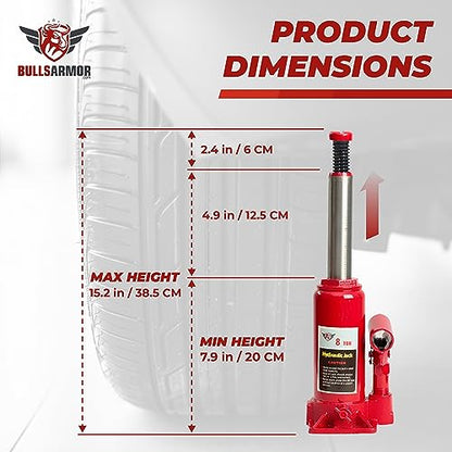 BullsArmor Hydraulic Bottle Jack - 8 Ton (16,000 lb) Capacity - Welded Heavy-Duty Design with Extended Pump Handle - Ideal for Cars, Trucks, RVs, and Industrial Use - Red - size: 8 Ton