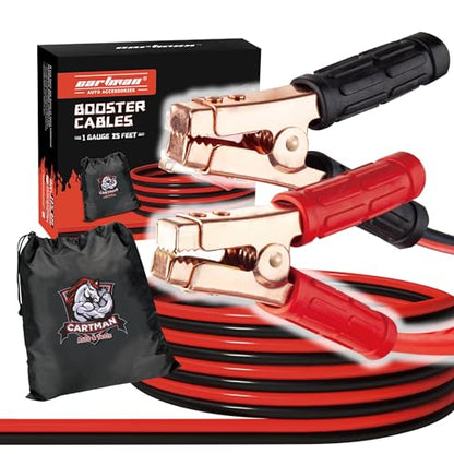 Cartman 1 Gauge 25 ft Heavy Duty Jumper Cables with Carry Bag | Rubber-Insulated Corrosion-Resistant Clamps, CCA Conductors, Cold-Resistant TPR Jacket - size: 25-Feet (1-Gauge)