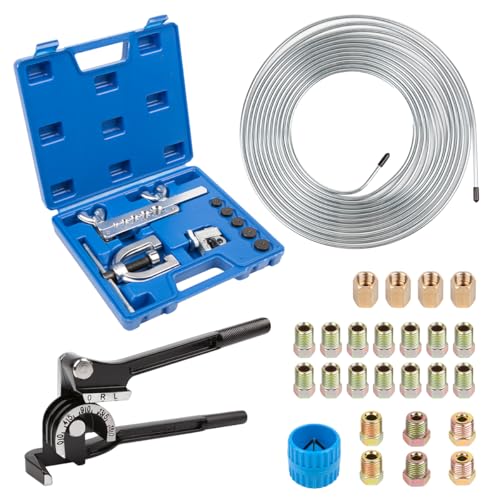 ICOOL 25 ft 3/16" Zinc Coated Brake Line Flaring Tool Kit with 20 Fittings and 4 Unions Brake Line Fittings, Brake Line Kit with Tube Bender and Reamer