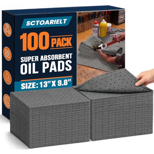 100 Pcs Oil Absorbent Pads, 9.8" x 13" Heavy Dimpled Garage Absorbing Mat | (Gray) Polypropylene Oil Spill Mat, Use in Home Garage, Workshop, Basement, Workbench & Under Sink, Use in Spill Control - color: Gray, size: 100 Pack / 9.8"x13"