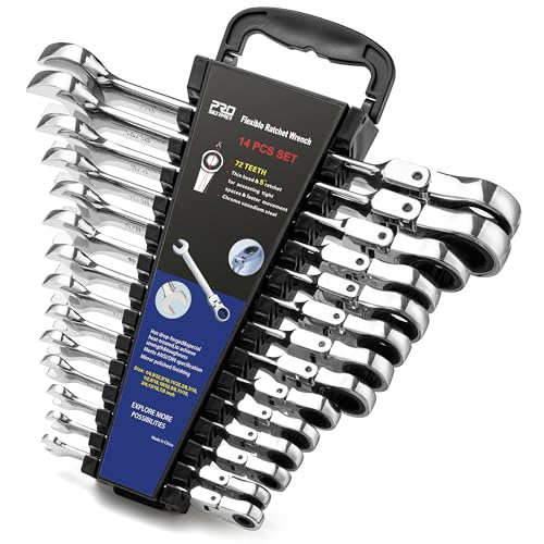 Prostormer Flex Head Ratcheting Wrench Set | SAE 1/4"-7/8",14-Piece Chrome Vanadium Steel Combination Wrench Set with Rack