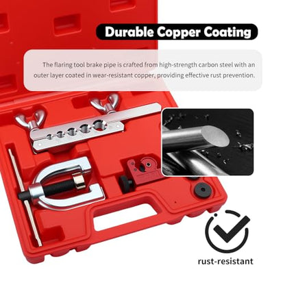 Single & Double Brake Line Flaring Tool Kit with 5 Adapters,25FT 3/16 Brake Line Kit with 16 Fittings,Copper Coated Brakes Lines Repair Kits for Automotive,Fuel,Hydraulic Systems