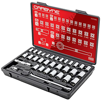 Carbyne 34-Piece 1/4 and 3/8 in. Drive Socket and Ratchet Set, SAE and Metric, CrV Steel, 72-Tooth Ratchets, 6 and 12 Point Sockets, Compact Storage Case