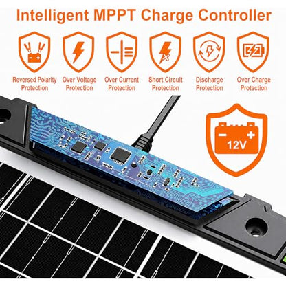 20W 12V Solar Battery Trickle Charger & Battery Maintainer | Built-in MPPT controller, IP65 waterproof, for 12V batteries in cars, boats, RVs, trailers, and motorcycles