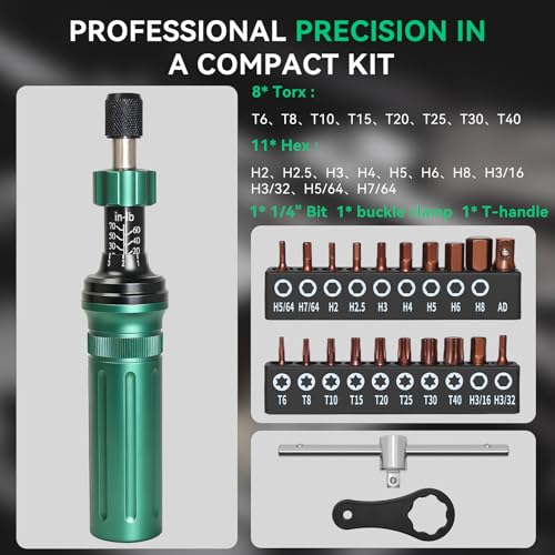 Inch Pound Torque Screwdriver Set, 24 Pcs Professional Precision 1/4” Drive Torque Wrench 10-70 in-lb S2 Bits Adapter for Maintenance Tools Bicycle Repair Scope Mounting DIY Projects, Audible Click - color: Green+black