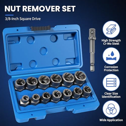 14 Piece Bolt Extractor Kit,Stripped Bolt & Lug Nut Remover Set,3/8" Drive Extractor Socket Set, SAE/Metric for Damaged, Rusted, Frozen Nuts and Bolts - color: 14pcs