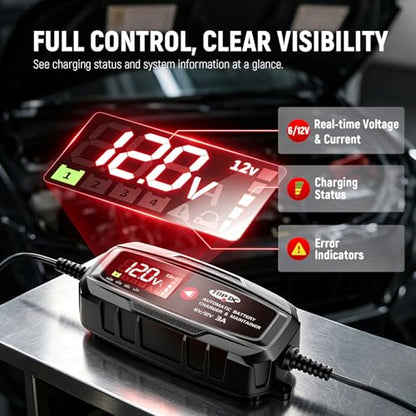 TOPDC 3A 6V/12V Automatic Battery Charger & Maintainer – Smart Trickle Charger for Car, Motorcycle, Boat, Lawn Tractor, RV, ATV – Lead-Acid (AGM/STD/Gel) & LiFePO4 (LFP) – Desulfator & Recondition - size: 3A