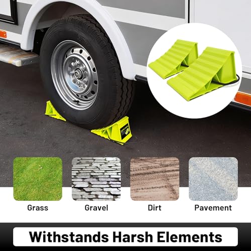 HOXWELL 2 Pair Wheel Chocks for Travel Trailers, Non Slip Heavy Duty Green Wheel Chock with Rope, Lightweight Wheel Stoppers for Cars Campers Trucks RVs, Easy to Carry & Suitable for Most Tyre Sizes - size: Green-2 Pairs