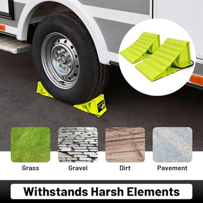 HOXWELL 2 Pair Wheel Chocks for Travel Trailers, Non Slip Heavy Duty Green Wheel Chock with Rope, Lightweight Wheel Stoppers for Cars Campers Trucks RVs, Easy to Carry & Suitable for Most Tyre Sizes - size: Green-2 Pairs