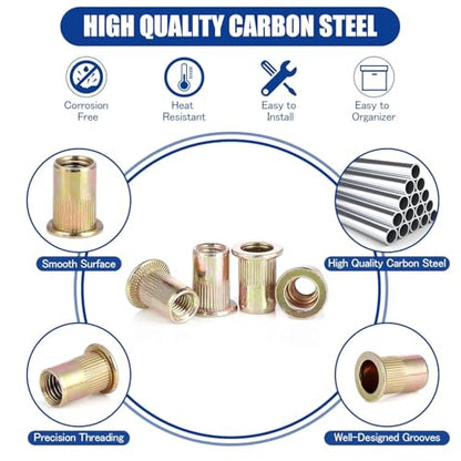 1/2''-13 UNC Rivet Nut, 19Pcs Zinc Plated Finish Carbon Steel Flat Head Threaded Insert Nutsert Kit - color: Yellow, size: 1/2''-13