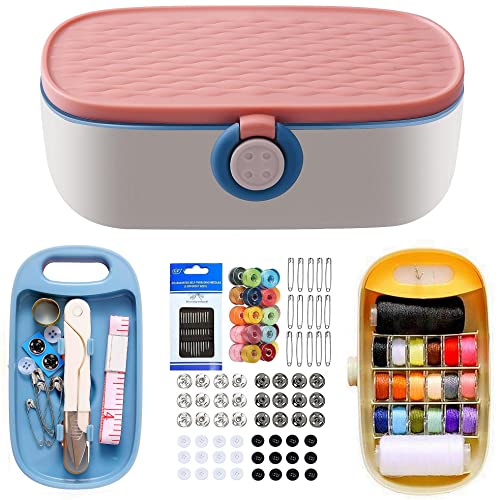 FKOG Sewing Project Kit, 135 Pcs Family Sewing Supplies Repair Kit Traveler Sewing Kit Sewing Thread Accessories DIY Sewing Supplies Organizer (Green) (Pink) - style: Pink