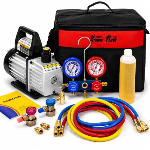 XtremepowerUS 3CFM 1/4HP Vacuum Pump HVAC R134a, R12, R22, R410a, A/C Refrigeration R134 Can Tap Adapter, R134 Quick Connector AC Manifold Gauge Air Conditioner Oil Bottle w/Bag - size: 3 CFM