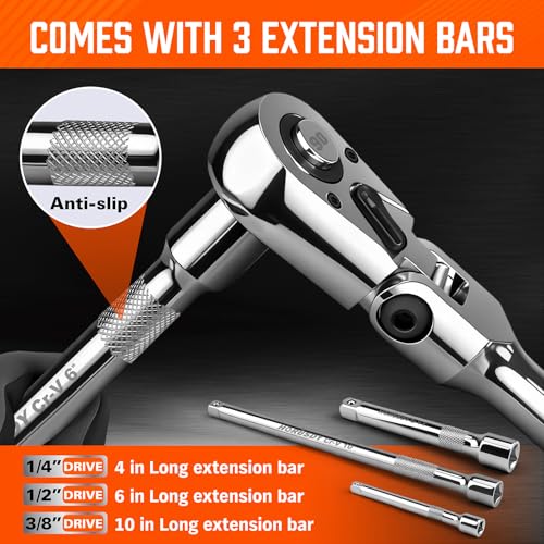 10-Piece Flex-Head Ratchet Set, 1/4", 3/8" & 1/2" Drive Socket Wrenches, 90-Tooth Quick-Release Reversible Low-Profile, Extension Bars (4", 10", 6") & 4 Adapters for Automotive, Bike, and Home Repair - style: 10pcs Ratchet Set
