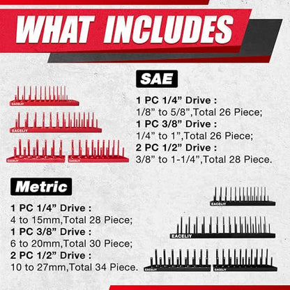 EACELIY Socket Organizer Tray Set,1/2", 1/4" and 3/8" SAE & Metric Deep & Shallow Socket Holder Kit, Deep and Shallow Socket Holders for Toolboxes(sockets not included) 丨8PCS - size: 8PCS Tools Tray