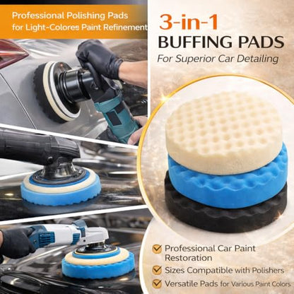 3-in-1 8 inch Buffing Polishing Pads with Grooves for Car Orbital Buffer | Used on car Rvs& other surface,Easy to attach, Can wash,Compatible with 8-inch track/DA polisher