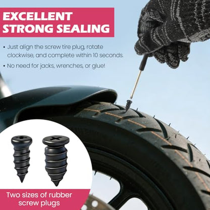 Tire Repair Plugs Kit, Screw In Type, Tubeless Only, Not for Sidewall | Small 0.21 x 0.46 in x30, Large 0.27 x 0.5 in x30, Includes 3.15 in screwdriver gloves case