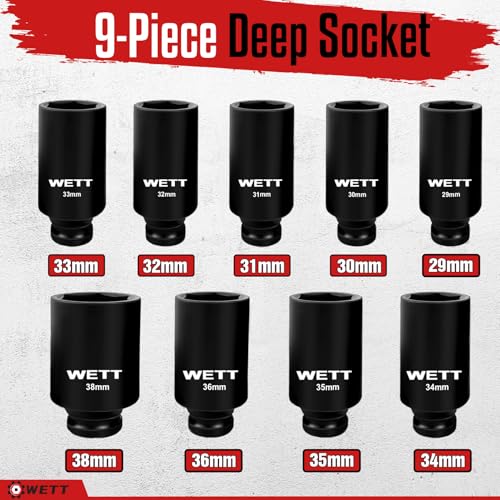 WETT 1/2" Drive Deep Large Impact Socket Set, 9-Piece Spindle Axle Nut Metric 6 Point Sockets Set, CR-V, 29mm-38mm - size: 1-1/8"-1-1/2" (9pc)
