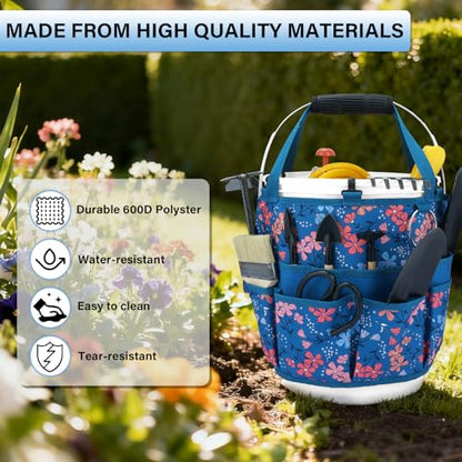 KUNN Bucket Organizer 5 Gallon 18-Pocket Tool Bucket Bag with 6 Hooks, Gardening Tool Holder Caddy for Gardeners, Outdoor Yard Work, Soil Plant Flower Gardening Accessories with Grip Pad, Blue - style: Blue Floral