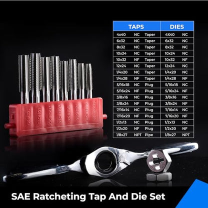 toolant 41pcs SAE Ratcheting Tap and Die Set, Complete Tap, Die, and Handle Kit, Effort-saving Ratcheting Handle, Full Range of SAE Sizes from #4 to 1/2" including UNC, UNF, and 1/8 NPT, Plastic Case - size: 41pcs set