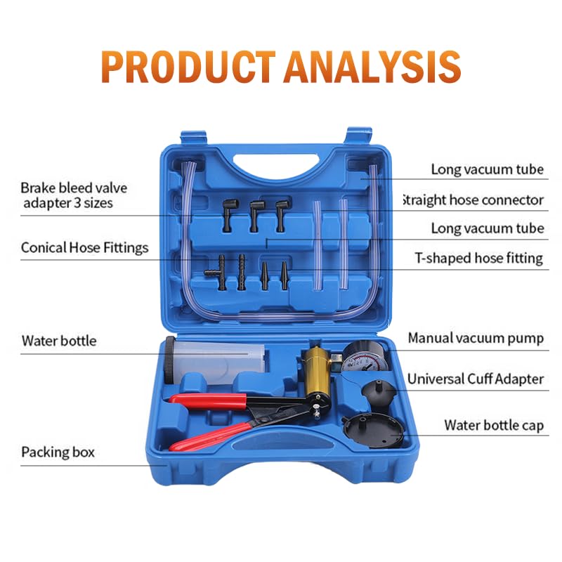 2 in 1 Brake Bleeder Kit with Hand Vacuum Pump with Gauge Adapters Automotive Brake Fluid Bleeding Set with Protected Case for Car Truck (Blue) - color: BLUE1