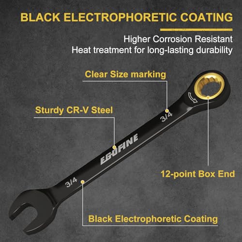 Egofine Ratcheting Wrench Set 10 Piece, SAE Wrench Set, CR-V Steel 1/4” to 3/4” Wrench, 72-Teeth Combination wrench set, Black Electrophoretic Coating Ratchet Wrenches Set with Tool Roll Bag - style: SAE-10 piece set