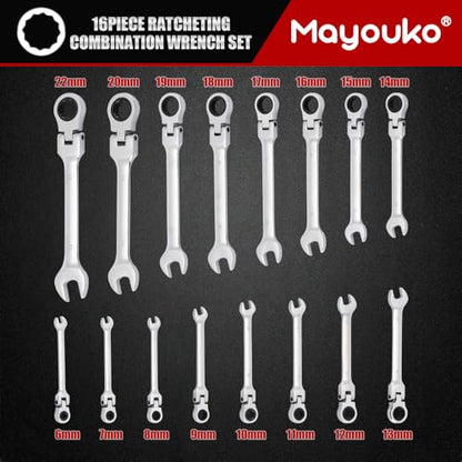 Mayouko 16-Piece Flex-Head Ratcheting Combination Wrench Set, Metric 6-22mm, 72-Teeth, CR-V Steel, With Rolling Pouch