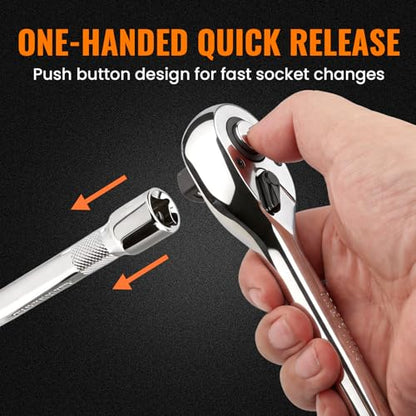 1/4" Drive Ratchet Wrench Set, 90T Quick-Release Reversible Ratchet, Cr-Mo Head with 6" Extension Bar for Automotive, Electronics & Home Repair - size: 1/4"