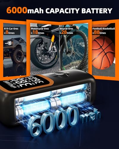 Tire Inflator Portable Air Compressor - 6000 mah & 150 Psi Air Pump for Car Tires with Pressure Gauge & Led Light, Faster Inflation Mini Compressor for Car, Bicycles, Motorcycle