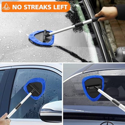 Windshield Cleaner Tool, 12Pcs Car Cleaning Kit, 23-inch Extendable Handle with 4 Microfiber Pads, Car Interior Detailing Brushes, All-in-One Inside Car Cleaning for Auto Detailing - color: Blue-02