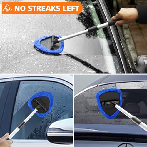 Windshield Cleaner Tool, 12Pcs Car Cleaning Kit, 23-inch Extendable Handle with 4 Microfiber Pads, Car Interior Detailing Brushes, All-in-One Inside Car Cleaning for Auto Detailing - color: Blue-02