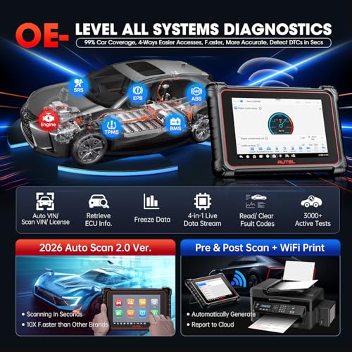 Autel Scanner MaxiCOM MK900BT 2026, MK900-BT V2.0 Bidirectional Diagnostic Scan Tool, 33ft BT Ver of MK900 MX900 8in Up of MK808S MK808BT PRO MX808S MK808Z, 40+ Reset, 3K+ Active Test, CANFD DoIP, FCA