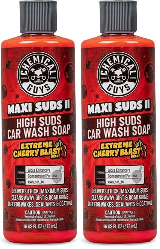 Chemical Guys CWS_101_16 Maxi-Suds II Foaming Car Wash Soap (Works with Foam Cannons, Foam Guns or Bucket Washes) Safe for Cars, Trucks, Motorcycles, RVs & More, 16 fl oz, Cherry Scent (Pack of 2) - size: 16 Fl Oz (Pack of 2), style: Only