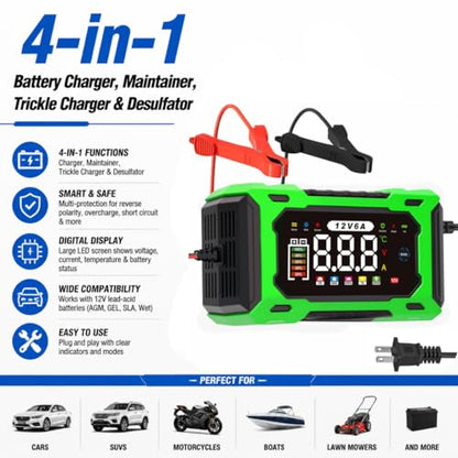 6-Amp 12V Smart Car Battery Charger, Battery Maintainer Trickle Charger with Desulfator, Pulse Repair & Overcharge Protection - for Car Lawn Mower Marine Lead-Acid Batteries (Green) - color: Green