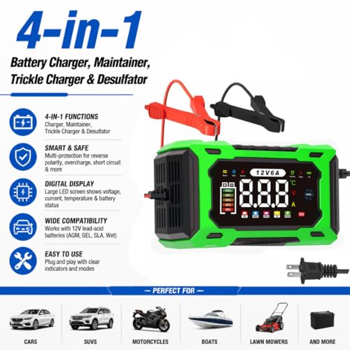 6-Amp 12V Smart Car Battery Charger, Battery Maintainer Trickle Charger with Desulfator, Pulse Repair & Overcharge Protection - for Car Lawn Mower Marine Lead-Acid Batteries (Green) - color: Green