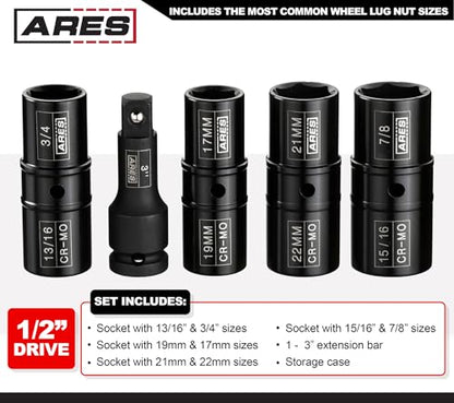 ARES 59010-5-Piece 1/2-inch Drive Lug Nut Flip Socket Set - Includes 17mm, 19mm, 21mm, 22mm Metric Sizes & 3/4-Inch, 13/16-Inch, 7/8-Inch, 15/16-Inch SAE Sizes - Impact Grade Chrome-Moly Steel - size: 5pc SAE and Metric Set