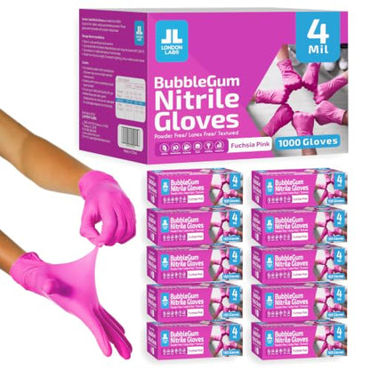 London Labs 4 Mil – Fuchsia Pink Nitrile Gloves – Disposable Latex Free & Powder Free– Chemical Resistant, Pink Rubber Gloves - size: Medium, style: Bubblegum - 1000 Count