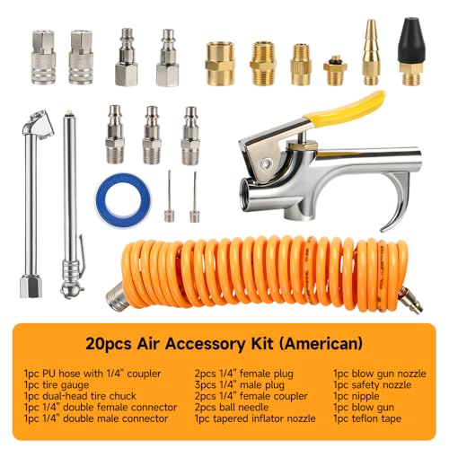 Hoteche 20-Piece Air Compressor Accessory Kit, Heavy Duty Pneumatic Tool Starter Set with 1/4" NPT Couplers & Plugs, 5m Recoil Hose, Tire Pressure Gauge, Blow Gun, and Inflator Nozzles in Storage Case