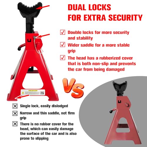 6 Ton Jack Stands (13,200 LBs Capacity) - Heavy Duty Car Jack Stands with Double Pin Locking, 15.6"-23.4" Adjustable Height, Extra Rubber Pads for Trucks, Garage, Vehicle Lifting, 1 Pair Red - color: Red, size: 6 Ton Jack Stands with Rubber Pads