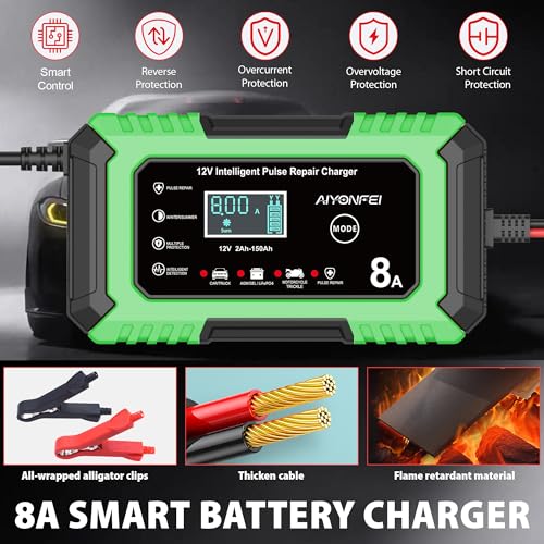 12V Battery Charger 8-Amp Smart Trickle Charger, Green | Battery Maintainer and Desulfator, Temperature Compensation, for Car, Truck, SUV, Motorcycle, Boat, Lead Acid, LiFePO4 - color: Green