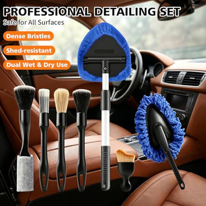 Windshield Cleaner Tool, 12Pcs Car Cleaning Kit, 23-inch Extendable Handle with 4 Microfiber Pads, Car Interior Detailing Brushes, All-in-One Inside Car Cleaning for Auto Detailing - color: Blue-02