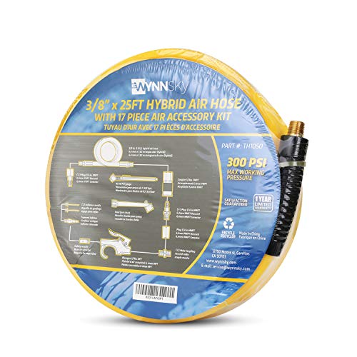 18pc Air Compressor Acc Kit, 3/8" x 25 ft Hybrid Hose with 1/4 NPT M Threads, Quick Connect Fittings, Air Blow Gun Kit, Chuck, Tire Gauge