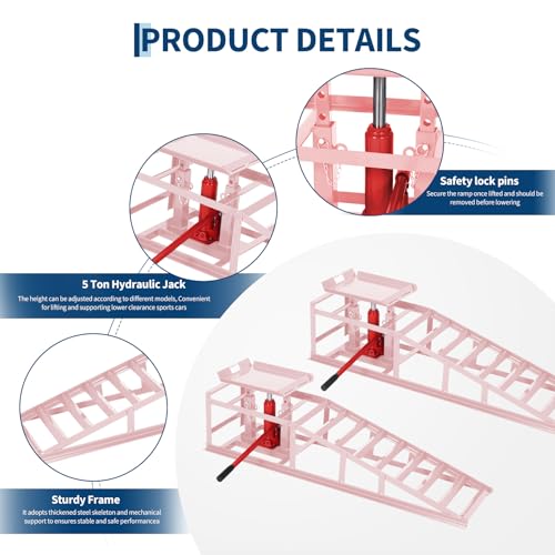 Hydraulic Car Ramps 2 Pack, 11000 LBS/5 Ton Heavy Duty Steel Auto Service Ramps, 9.4"-13.34" Adjustable Lift Height for Low Profile Vehicles, Trucks, SUVs, Garage Repair & Oil Changes, Pink - color: Pink