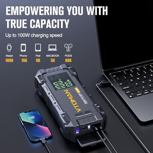 VTOMAN V10 Max Portable Jump Starter with 100W Bi-Directional Fast Charger | Car Battery Jumper Starter Portable (All Gas&12L Diesel), 12V Auto Jump Box Booster Pack, 3.2" Display, Pickup Trucks & Suvs - color: black