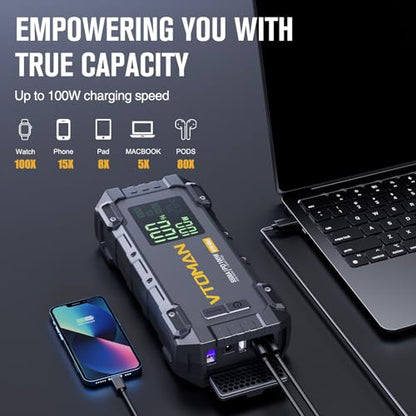 VTOMAN V10 Max Portable Jump Starter with 100W Bi-Directional Fast Charger | Car Battery Jumper Starter Portable (All Gas&12L Diesel), 12V Auto Jump Box Booster Pack, 3.2" Display, Pickup Trucks & Suvs - color: black